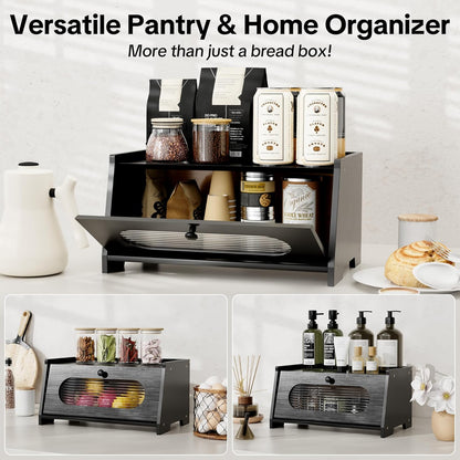Bread Box,Extra Large 2-Tier Bamboo Bread Box for Kitchen Countertop,Bread Storage Container with Magnetic Acrylic Door for Homemade Bread,Under Cabinet,Pantry Organizer(Natural)
