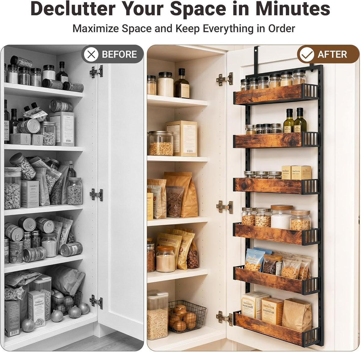 6-Tier Over the Door Pantry Organizer, 2-in-1 Door Hanging or Wall Mounted Spice Rack, Space Saving Metal Storage Shelves with Adjustable Baskets for Kitchen, Closet, Bathroom