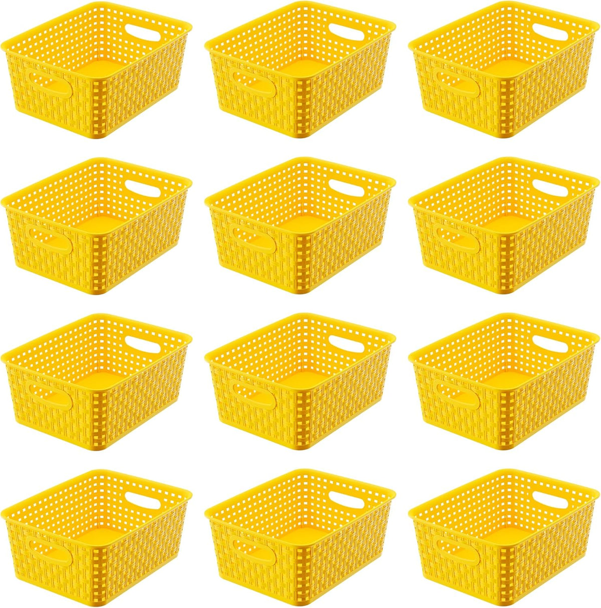 Khaki Stackable Storage Baskets, Plastic Weave Basket Organizer and Storage Set of 12, Pantry Organizing Baskets for Shelves, Kitchens, Bathrooms, Classrooms, Cabinets and Bedrooms