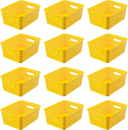 Khaki Stackable Storage Baskets, Plastic Weave Basket Organizer and Storage Set of 12, Pantry Organizing Baskets for Shelves, Kitchens, Bathrooms, Classrooms, Cabinets and Bedrooms