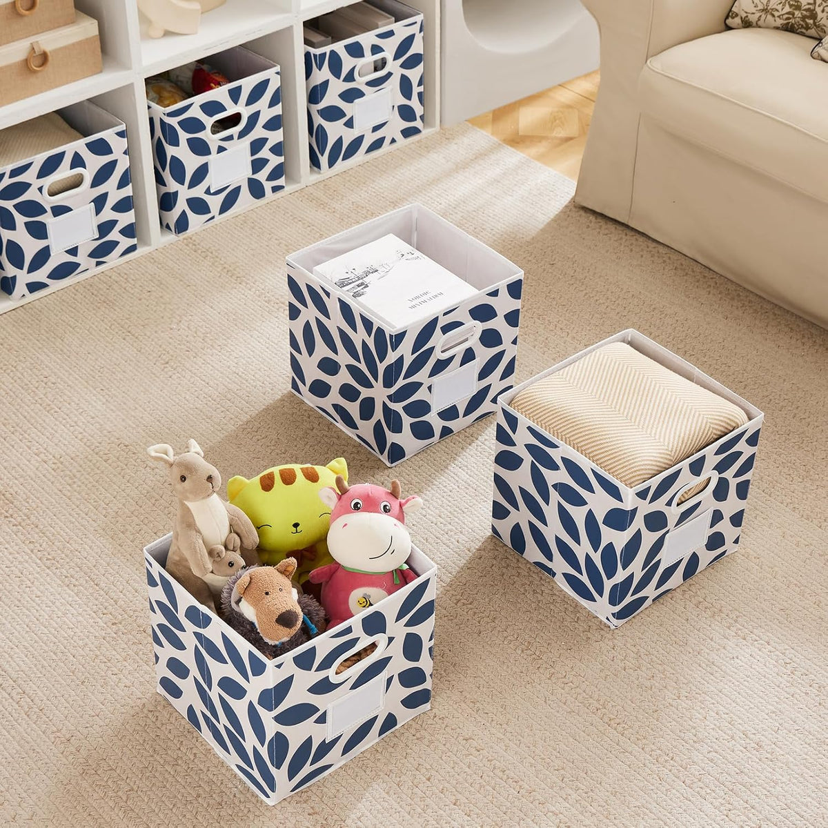 MAX Houser Fabric Storage Bins Cubes Baskets Containers with Dual Plastic Handles for Home Closet Bedroom Drawers Organizers, Flodable, Blue, Set of 4