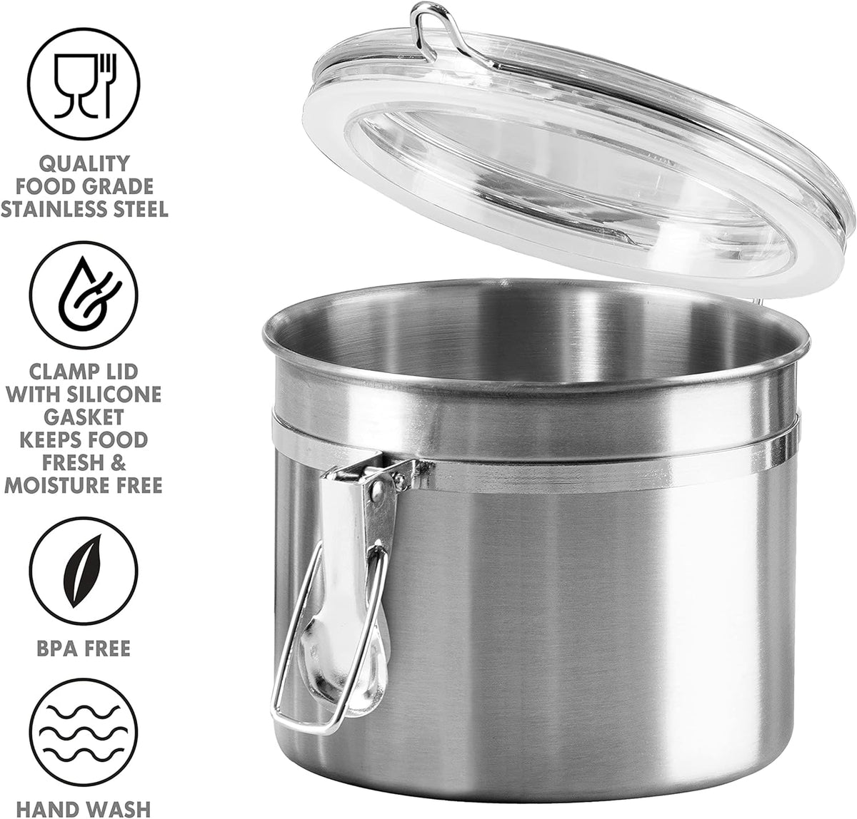 Oggi Stainless Steel Kitchen Canister 152 fl oz - Airtight Clamp Lid, Clear See-Thru Top - Ideal for Kitchen Storage, Food Storage, Pantry Storage. Jumbo Size 8" x 8".