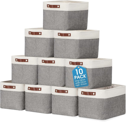 Uiifan 10 Pcs Collapsible Storage Bins Fabric Foldable Storage Basket with Handles Cloth Organizer Linen Shelf Baskets for Shelves Home Closet Nursery Toys(16 x 12 x 10 Inch,Gray and White)