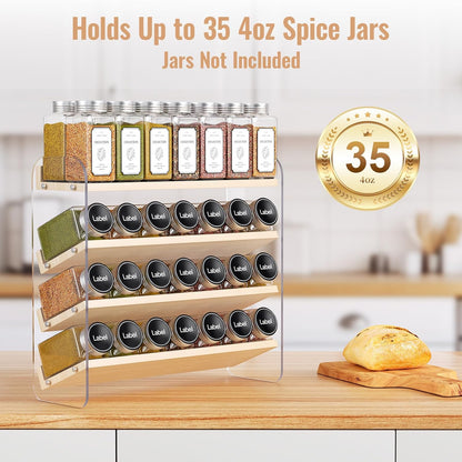 MUDEELA 4 Tier Spice Rack Organizer for Cabinet,Wooden Vertical Spice Shelf, Seasoning Organizer for Countertop, Kitchen, Pantry, Freestanding, 13.4" W × 11.2" H (No Jars Included), White