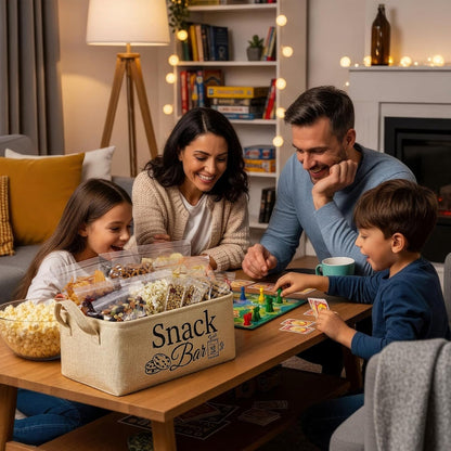 Snack Bar Organizer Basket, Burlap Fabric Snack Storage Holder with Waterproof Lining & Handles, Collapsible Bar Station Organizer Bin for Kitchen Pantry Cabinet Home Movie Night Party