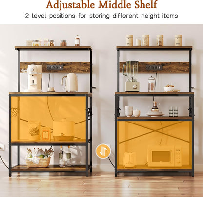 SUPERJARE Kitchen Bakers Rack with Power Outlet, Coffee Bar Table 4 Tiers, Kitchen Microwave Stand with 6 S-shaped Hooks, Storage Shelf Rack for Spices, Pots and Pans - Rustic Brown