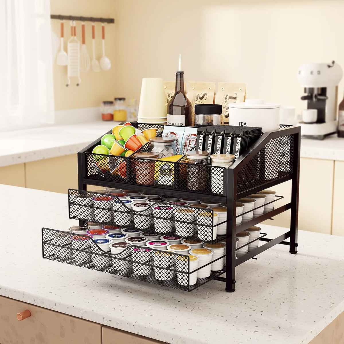 Homsorout Coffee Bar Organizer - Coffee Station for Countertop, Metal and Wood K Cup holder Storage Basket for Coffee Pods, Syrup, Cups, Stirrer, Coffee Condiment, Tea Organizer, Black and Brown