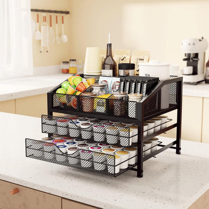 Homsorout Coffee Bar Organizer - Coffee Station for Countertop, Metal and Wood K Cup holder Storage Basket for Coffee Pods, Syrup, Cups, Stirrer, Coffee Condiment, Tea Organizer, Black and Brown