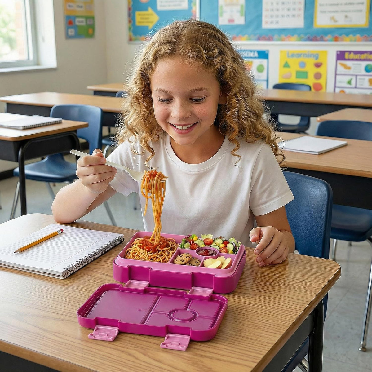 Bento Lunch Box for Kids, 6 Compartments BPA Free, Dishwasher Safe Back to School Snack Bento Lunch Containers Boxes, Ideal Portion Sizes for On-the-Go Meal, Ages 3+, School, Green Patterned