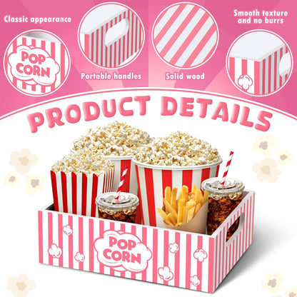 Movie Night Supplies Snack Trays with Handles Reusable Wooden Movie Gift Basket for Theater Popcorn Bucket Bowl Box Container Family Room Decor(Classic Style)