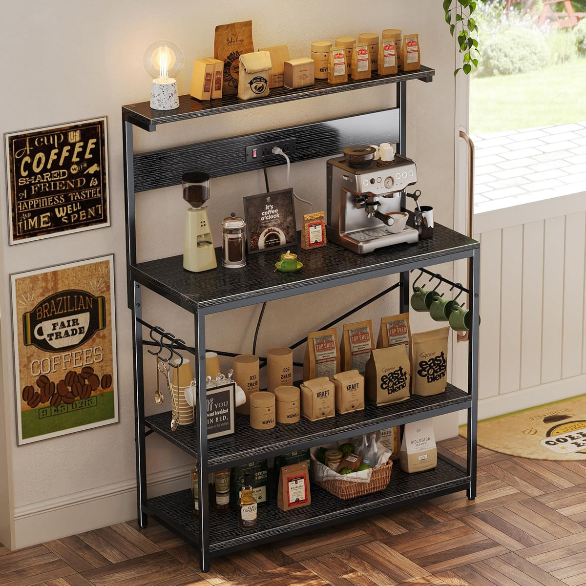 SUPERJARE Kitchen Bakers Rack with Power Outlet, Coffee Bar Table 4 Tiers, Kitchen Microwave Stand with 6 S-shaped Hooks, Storage Shelf Rack for Spices, Pots and Pans - Rustic Brown