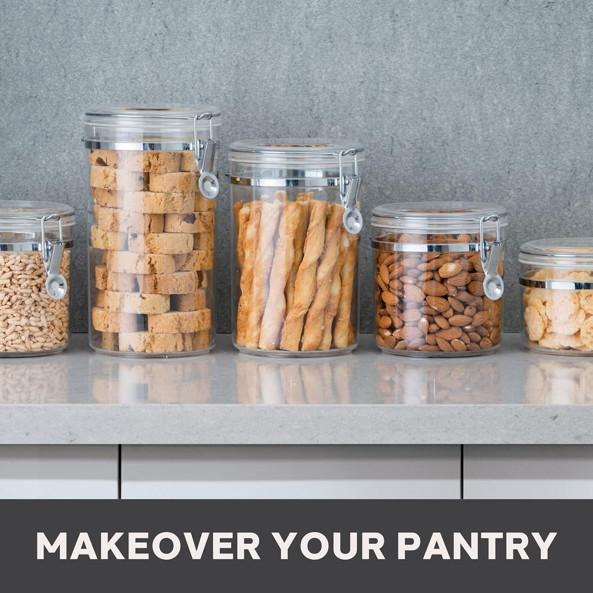 Oggi Clear Canister Set with Clamp Lids & Spoons - Airtight Food Storage Containers, Ideal for Kitchen & Pantry Storage of Bulk, Dry Food Including Flour, Sugar, Coffee, Rice, Tea, Spices & Herbs