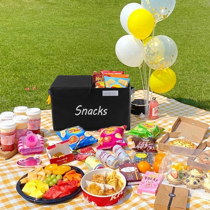 Snack Organizer for Pantry Shelf, Fabric Snack Organizer with Double Lids & Handles, Large 2-Compartment Snack Bin Snack Holder, Snack Basket for Chips Packets, Snack Bar Station Decor -Black