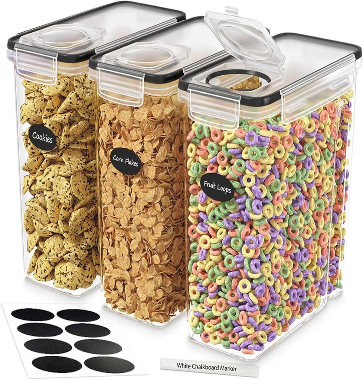 DWËLLZA KITCHEN Cereal Containers Storage 4L Set of 4 Airtight Food Storage Containers with Lids Cereal Dispenser Countertop Pantry Organization Canister for Rice Flour & Sugar 1 Marker 8 Labels