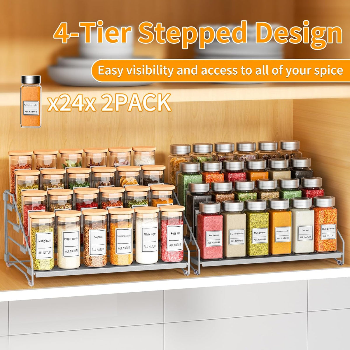 RCHYFEED Spice Rack Organizer for Cabinet Pantry,4 Tier Spice Rack Countertop, Depth Adjustable Spice Organization for Cabinet,Tierd Seasoning Organizer for Cabinet(Black) | for Cabinet Pantry