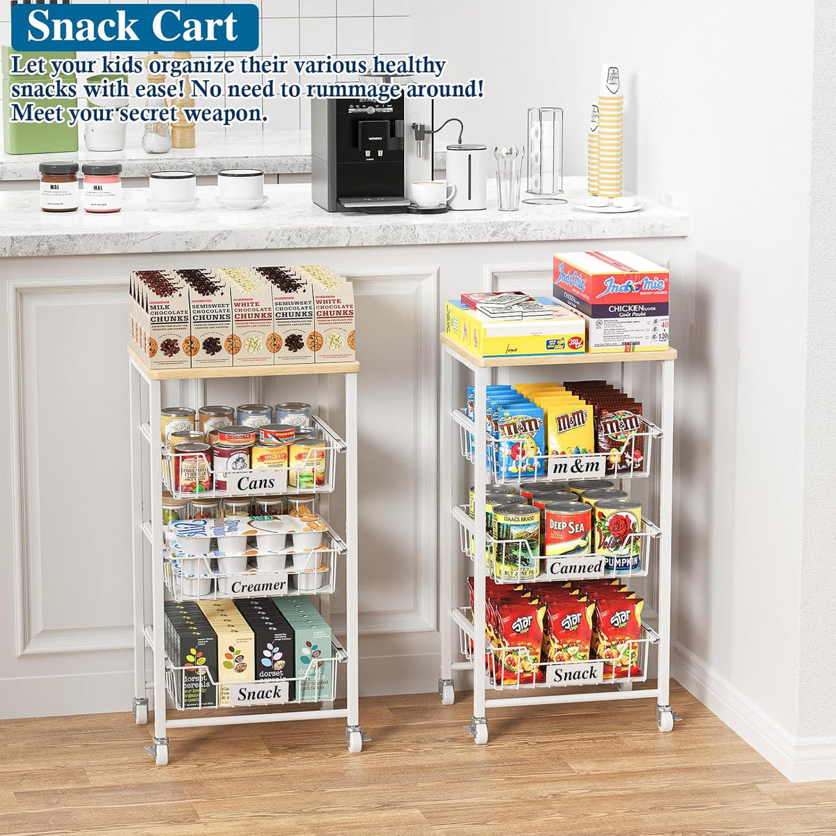 OKZEST 4-Tier Kitchen Storage Cart on Wheels – Mobile Fruit Basket Stand with Drawers & Wooden Top, Small Rolling Pantry Shelf for Potatoes, Onions, Bottled Drinks, Cans, Snacks – Includes 3 PE Liners