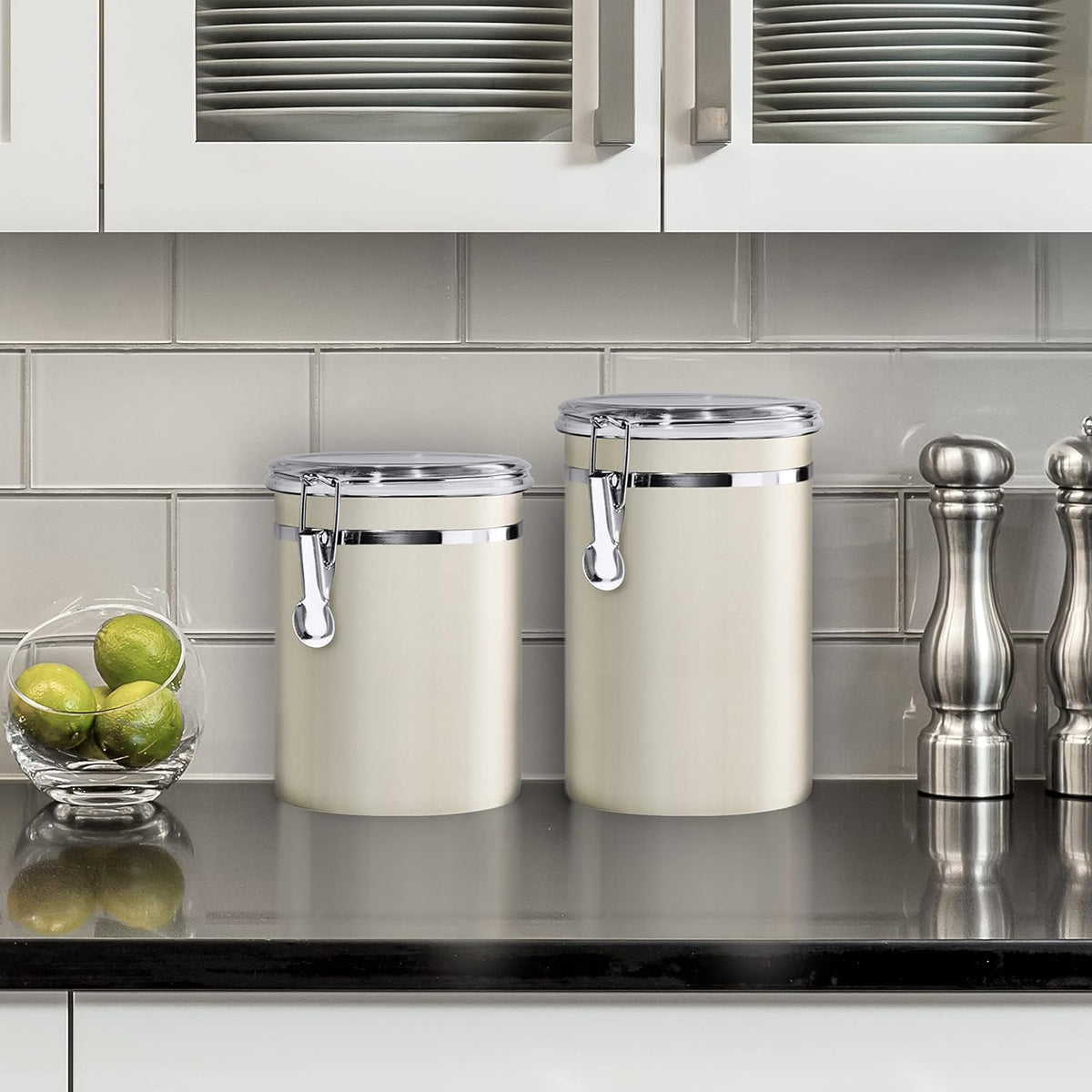 Oggi Stainless Steel Kitchen Canister 152 fl oz - Airtight Clamp Lid, Clear See-Thru Top - Ideal for Kitchen Storage, Food Storage, Pantry Storage. Jumbo Size 8" x 8".