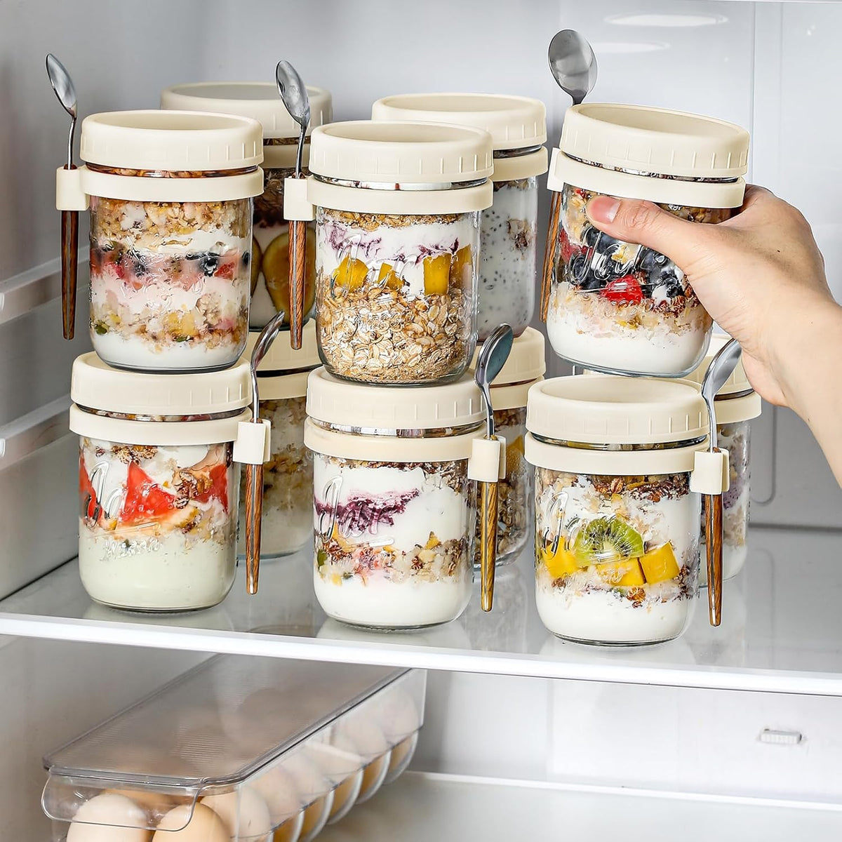 4 Pack Overnight Oats Containers with Lids and Spoons, 16 oz Glass Mason Jars with Airtight Lids, Overnight Oats Jars for Milk, Cereal, Fruit