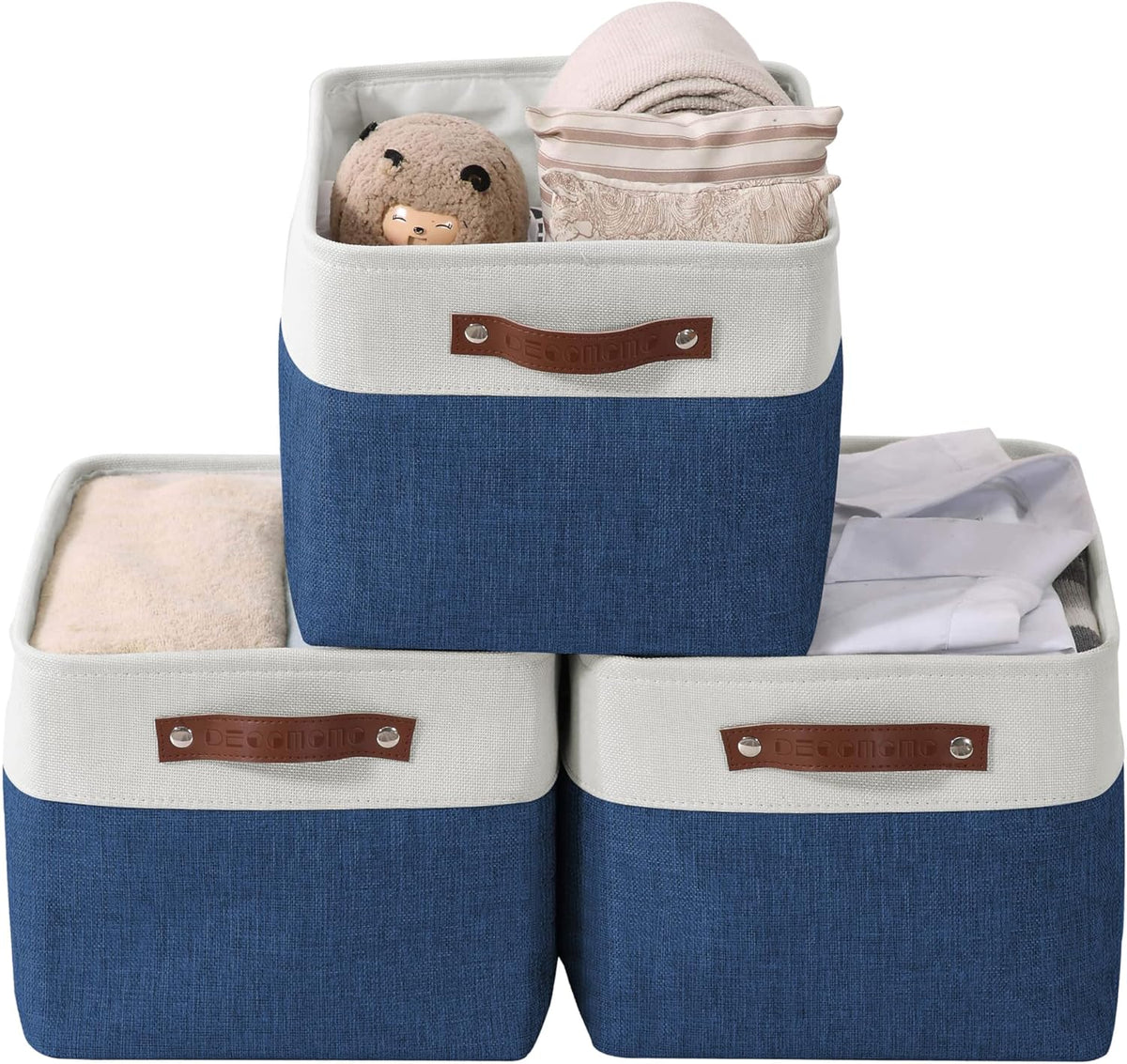 DECOMOMO Storage Bins, Large Fabric Storage Baskets for Shelves, Decorative Linen Closet Organizer, 15 x 11 x 9.5 inches (Beige & White, 3 Pack)