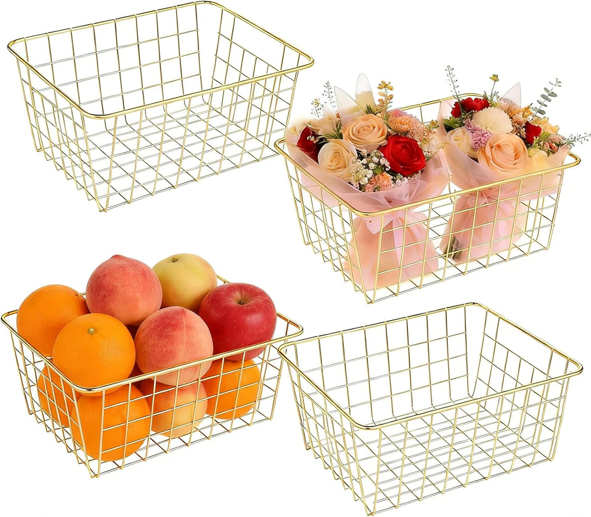 4 Pack White Wire Baskets for Pantry, 11" Upright Wire Freezer Storage Bins with Handles, Small White Metal Storage Basket for Freezer Organizing Office Kitchen Closets
