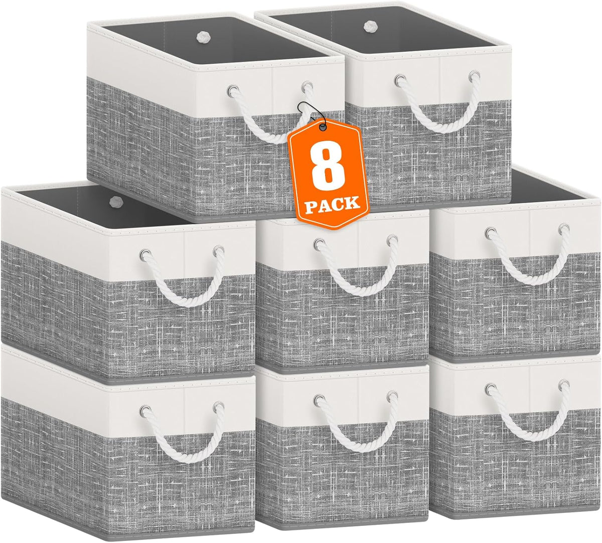 Fab totes Storage Bins, Foldable Storage Baskets for Organizing Toys, Books, Shelves, Closet, Large Storage Box with Rope Handles, Sturdy Organizer Bins, White & Grey