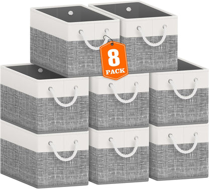 Fab totes Storage Bins, Foldable Storage Baskets for Organizing Toys, Books, Shelves, Closet, Large Storage Box with Rope Handles, Sturdy Organizer Bins, White & Grey