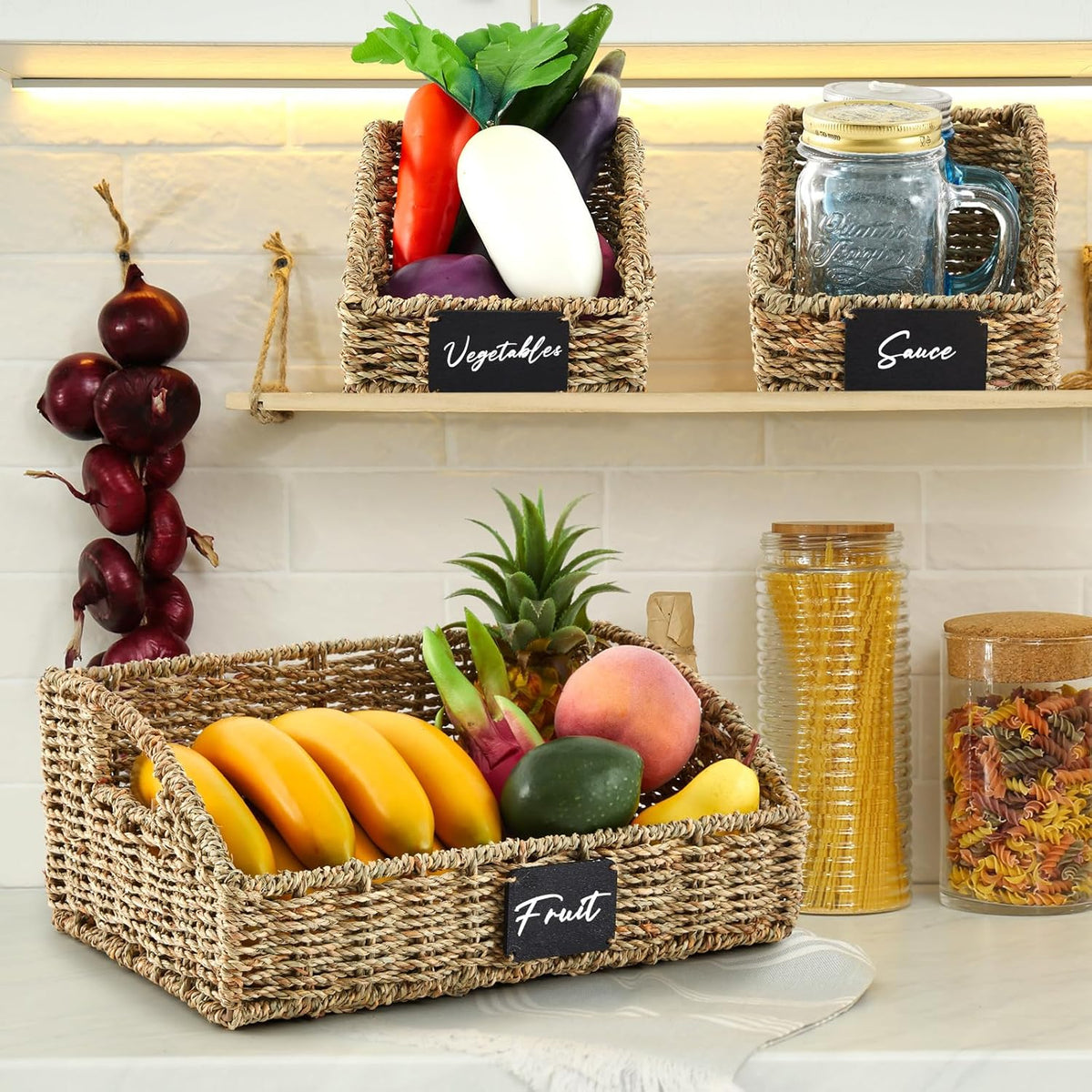Wonderjune 4 Pcs Water Hyacinth Storage Basket Set Boho Wicker Rattan Pantry Basket with Chalkboard Label Handles Woven Container Kitchen Laundry Large Small for Shelves Food Home Bathroom Decor