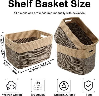3 Pack Woven Rope Storage Baskets for Shelves,13.5"×11"×9.5" Storage Bins with Handles,Empty Gift Baskets,Nursery Organizer for Toys,Towels,Books,Closet,Living Room,Bedroom (White & Brown)