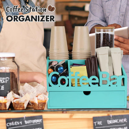 Coffee Bar Organizer for Countertop – Wooden Coffee Caddy with Compartments for Pods, Sugar Packets, and Accessories – Coffee Condiment Station Storage for Home and Office (Black)