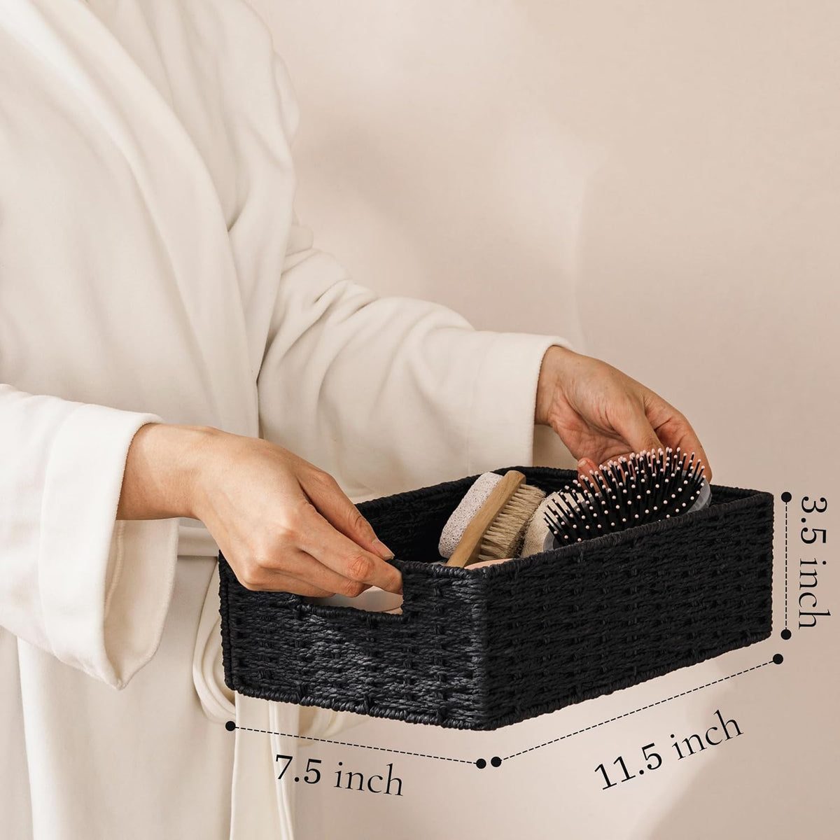 UBBCARE Wicker Basket, 13.4L×8.3H×7.1W inch Woven Paper Rope Storage Baskets for shelves, Foldable Rectangular Storage Baskets with Handle, Storage Basket for Organizing, Black