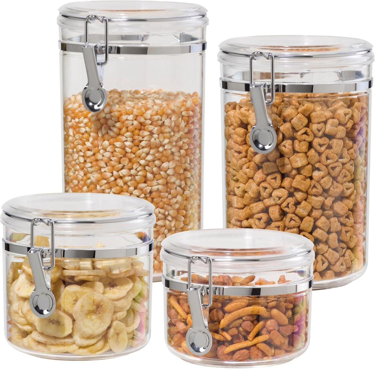 Oggi Clear Canister Set with Clamp Lids & Spoons - Airtight Food Storage Containers, Ideal for Kitchen & Pantry Storage of Bulk, Dry Food Including Flour, Sugar, Coffee, Rice, Tea, Spices & Herbs