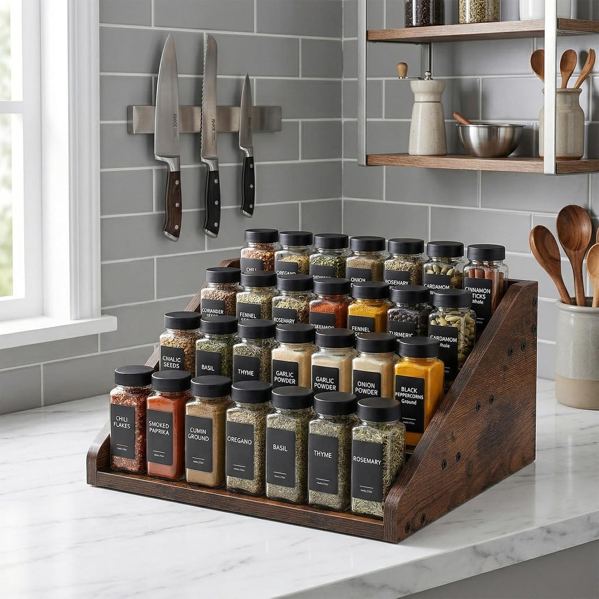 Wood 4 Tier Spice Rack, 13 x 10 x 6.5 Inch Wooden Tiered Spice Rack Rustic Wood Condiment Jar Display Riser Shelf for Countertop, Cabinet, Kitchen Organization (Dark Brown)