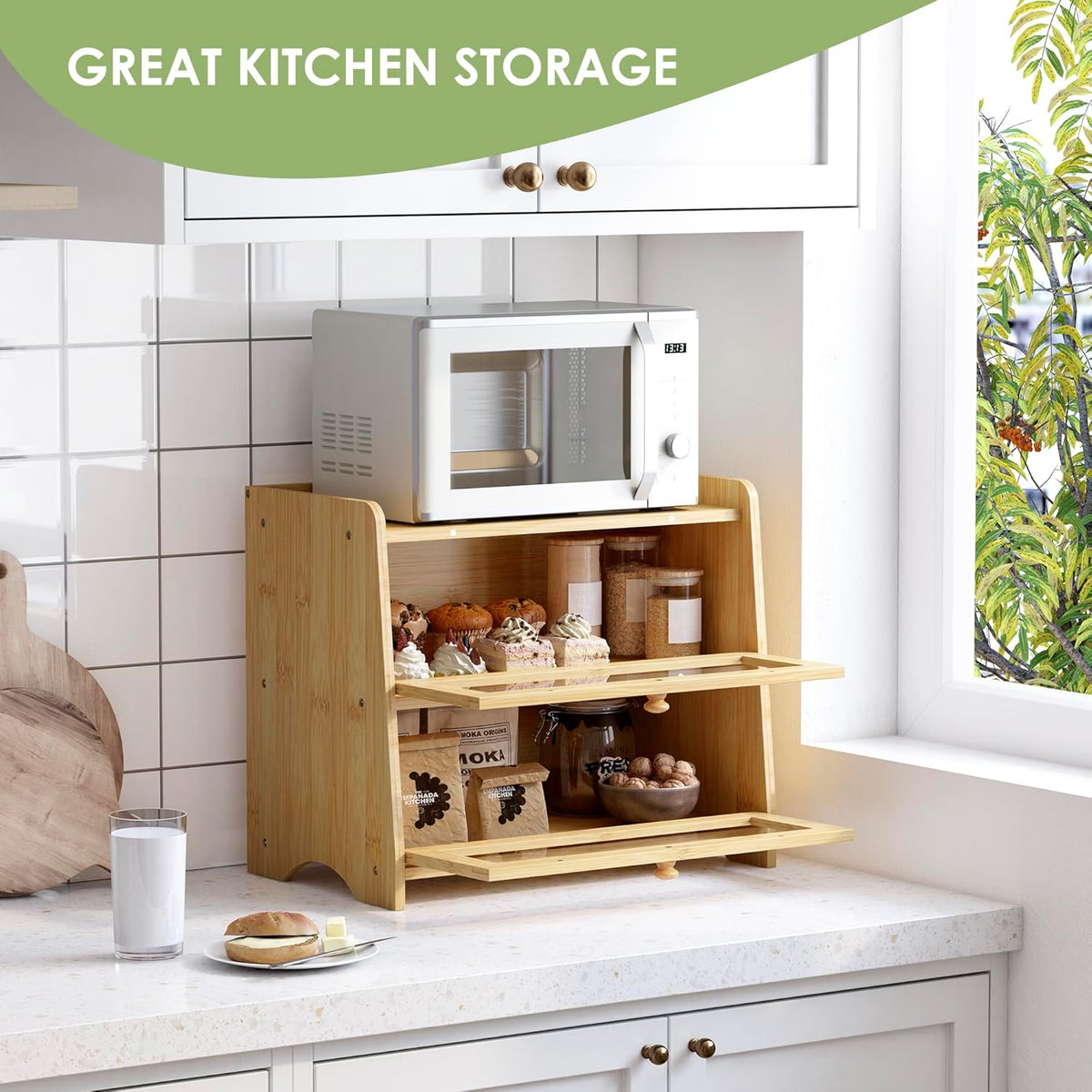 JANSNIMEN Double Layer Bread Box for Kitchen Countertop, Large Breadbox Bread Container Storage with Acrylic Door, Wooden Farmhouse Bread Holder (Black, Medim-15.7" L x 9.5" W x 13" H)