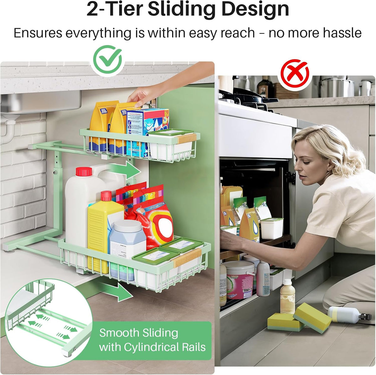 Kitstorack Under Sink Organizer, 2 Tier Under the Sink Storage, Slide out Pull out Cabinet Organizer Shelf, Metal Sliding Drawer for Kitchen Bathroom Pantry Closet Organization Rack, Black