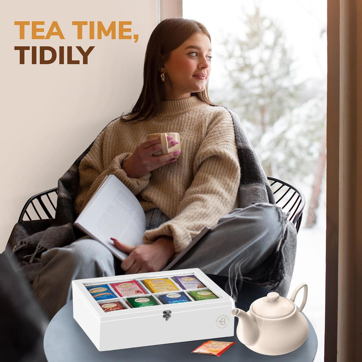 Tea Bag Organizer with Drawer - Bamboo Tea Box Organizer, 8-Compartment Tea Storage Box with Acrylic Lid and Magnetic Closure, Tea Box for Kitchen Counter, Gifts for Mom, Wife, Tea Lovers