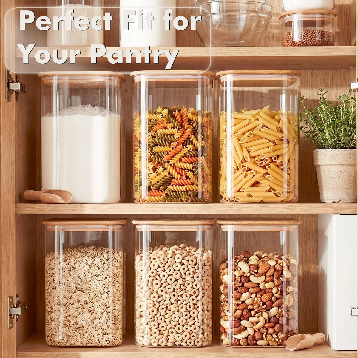 3-Pack 2.2Qt Square Glass Spaghetti Jars with Bamboo Lids, Tall Food Storage Containers for Pantry Organization, Elegant Kitchen Storage Canister for Pasta, Penne, Macaroni, Lasagna, Fusilli
