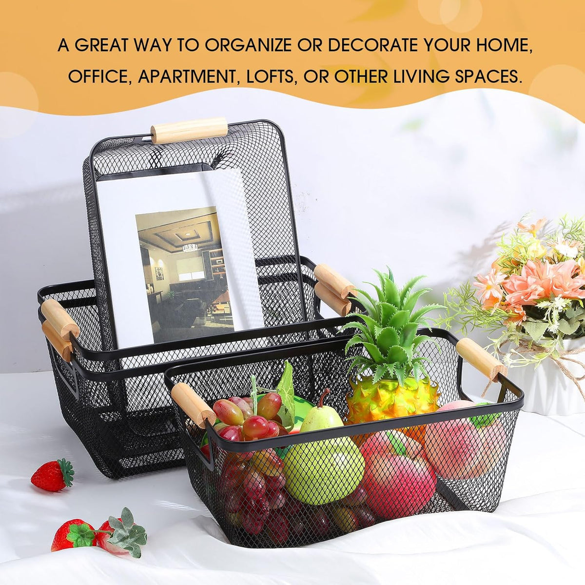 Ziliny 4 Pcs Metal Mesh Wire Baskets with Wooden Handles for Organizing, Pantry Organizers and Storage Steel Bin Kitchen Baskets for Fruit Potato Onion Snacks Bathroom Cabinet(Small,Black)