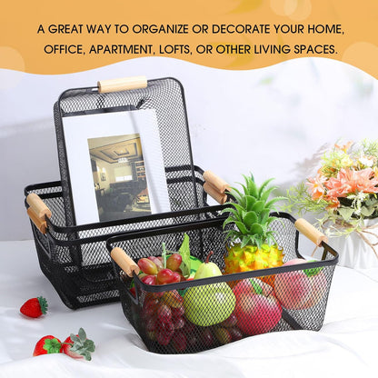 Ziliny 4 Pcs Metal Mesh Wire Baskets with Wooden Handles for Organizing, Pantry Organizers and Storage Steel Bin Kitchen Baskets for Fruit Potato Onion Snacks Bathroom Cabinet(Small,Black)