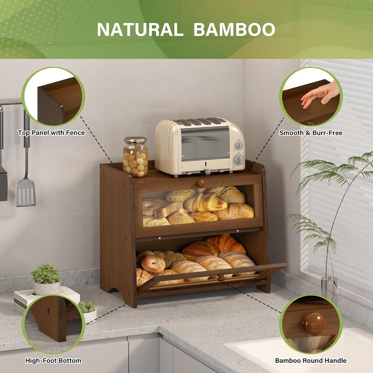 JANSNIMEN Double Layer Bread Box for Kitchen Countertop, Large Breadbox Bread Container Storage with Acrylic Door, Wooden Farmhouse Bread Holder (Black, Medim-15.7" L x 9.5" W x 13" H)