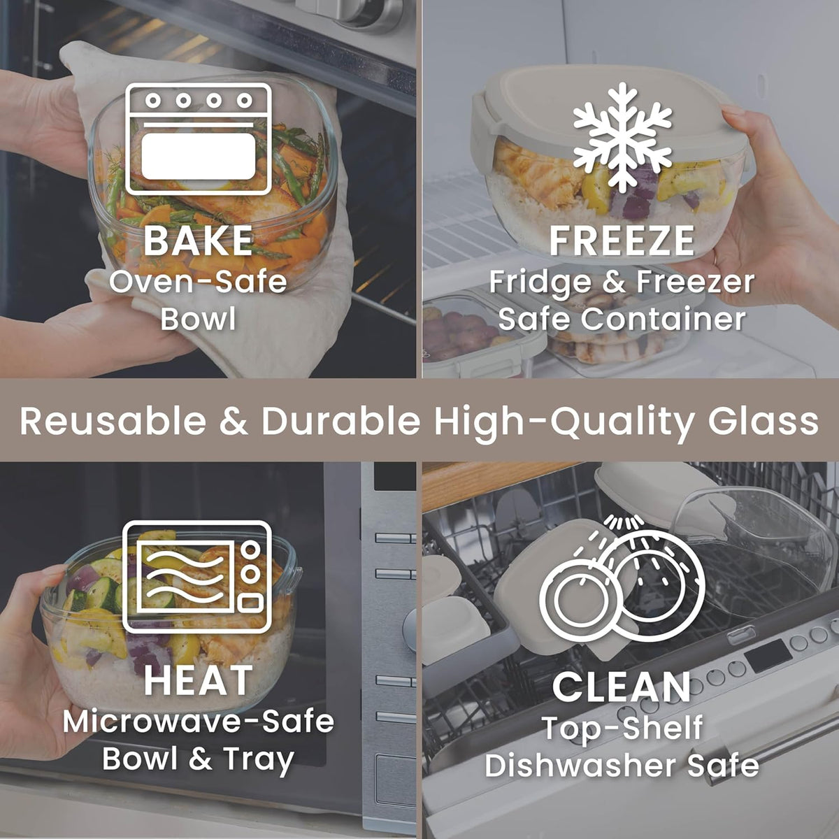 Bentgo Glass Prints Salad Container - 7.6-Cup Tinted Glass Salad Bowl with Airtight Lid, Leak-Proof Sauce Container, 4-Compartment Bento Meal Prep Tray & Reusable Fork (Floral Maximalist - Sea)