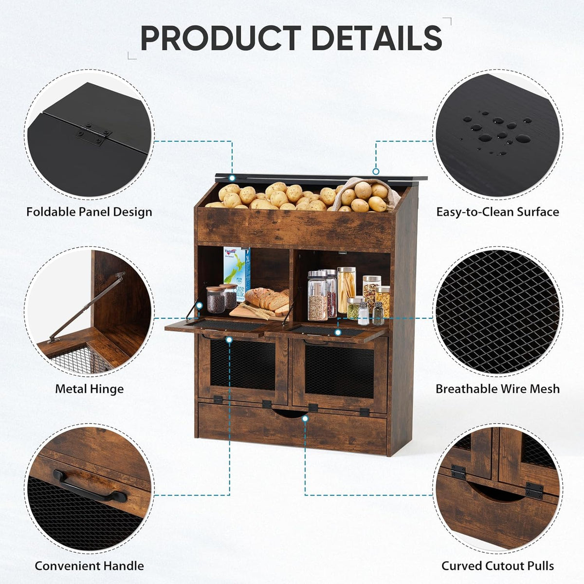 Verano Garden Potato Storage Bin, Wood Bread Box with Lid, Farmhouse Potato and Onion Storage Bin with Mesh Doors, Fruit and Vegetable Storage Rack with Removable Drawer (Rustic Brown, 16.0")