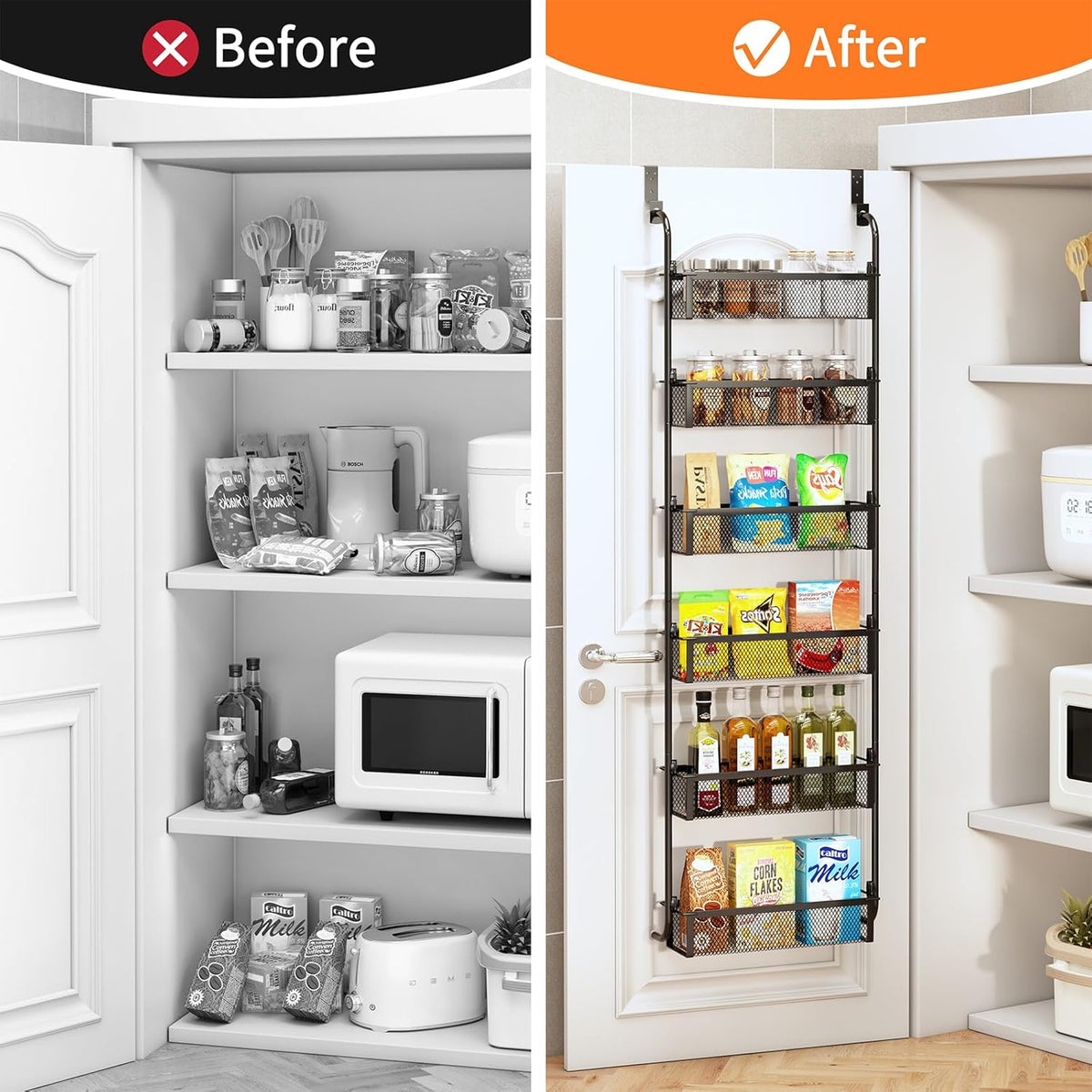 Over the Door Pantry Organizer, 6-Tier Pantry Door Organization and Storage, Over the Door Spice Rack, Home & Kitchen Storage Shelves for Cabinet, Black