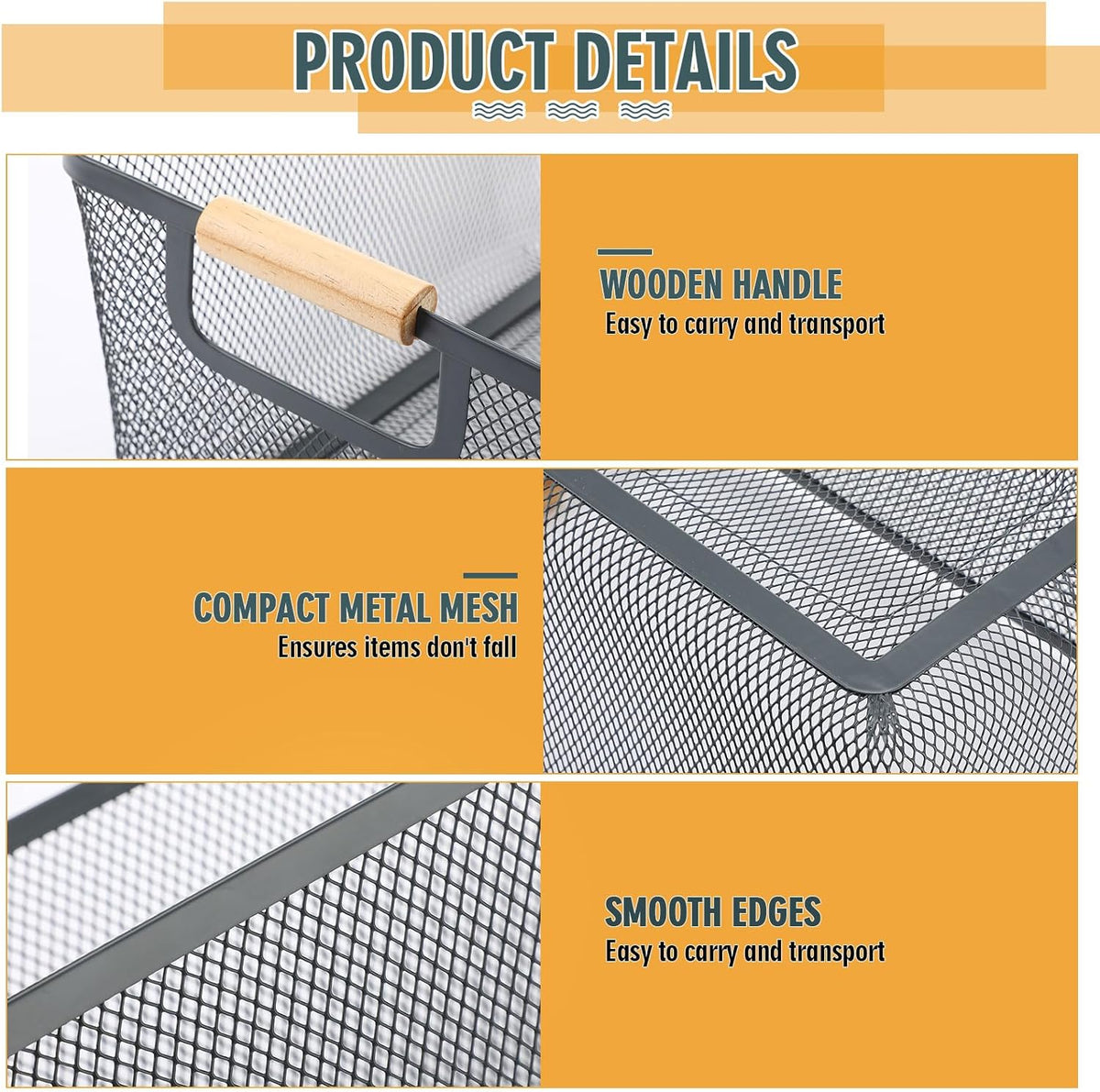 Ziliny 4 Pcs Metal Mesh Wire Baskets with Wooden Handles for Organizing, Pantry Organizers and Storage Steel Bin Kitchen Baskets for Fruit Potato Onion Snacks Bathroom Cabinet(Small,Black)
