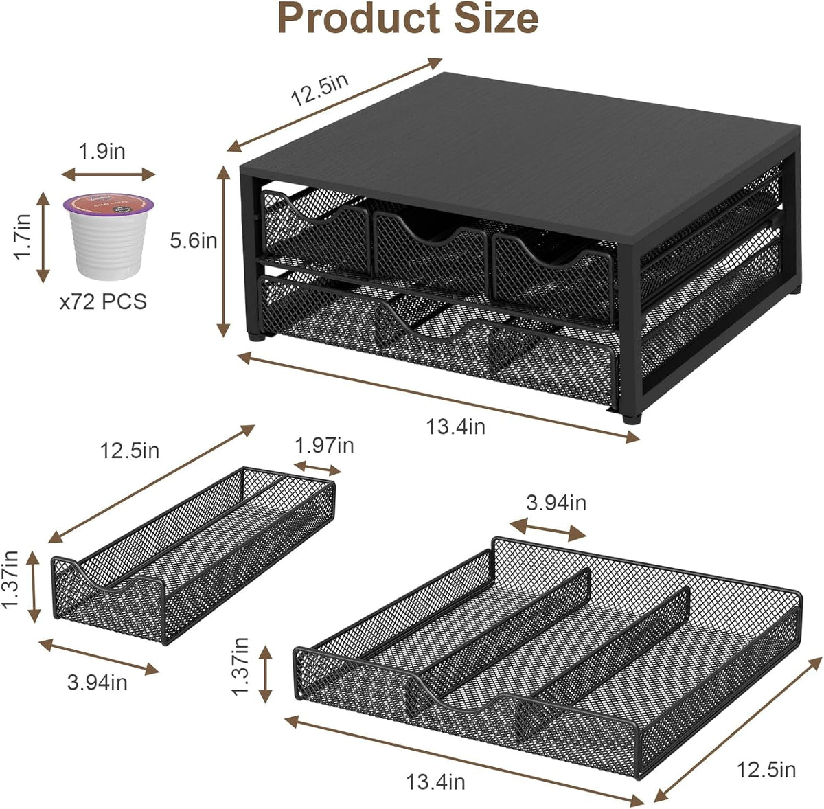 Coffee Pod Holder For Counter, 3 Pull-Out 72 K-Cup Holder Drawer, Wooden Cafe Pods Storage Organizer with Sliding Drawers for Coffee Station, Home, Kitchen, Office, Dorm (Black)