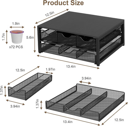 Coffee Pod Holder For Counter, 3 Pull-Out 72 K-Cup Holder Drawer, Wooden Cafe Pods Storage Organizer with Sliding Drawers for Coffee Station, Home, Kitchen, Office, Dorm (Black)
