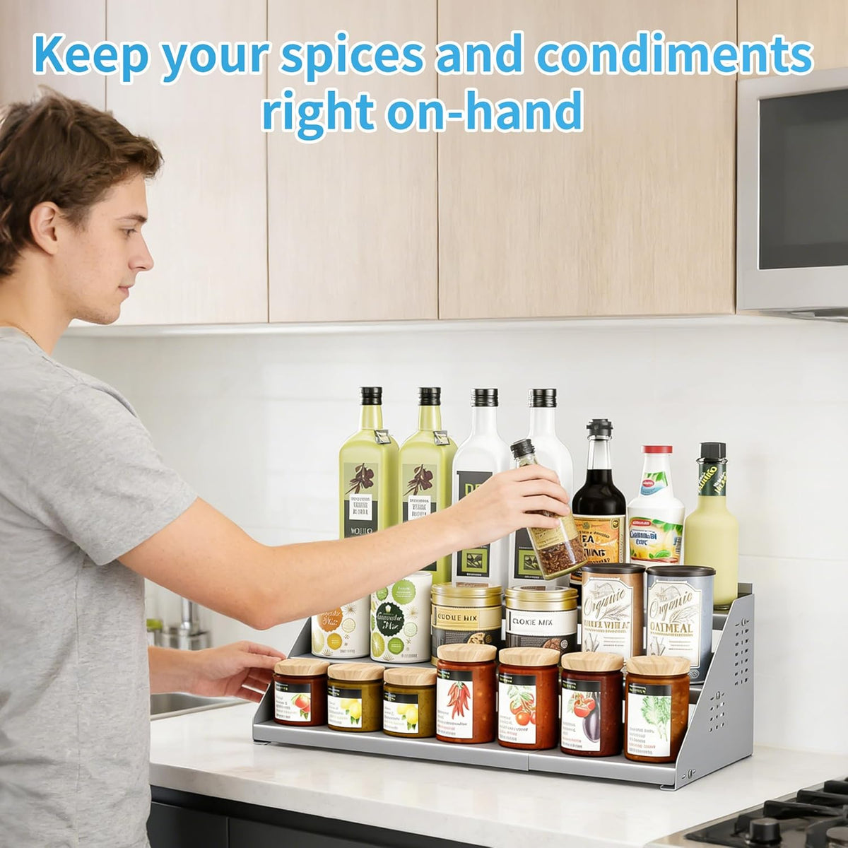 BOIVSHI Spice Rack, Spice Organization for Cabinet - Expandable Width, 3 Tiered Spice Rack Organizer for Cabinet - Adjustable Height, Seasoning Organizer for Cabinet, Countertop, Pantry, White
