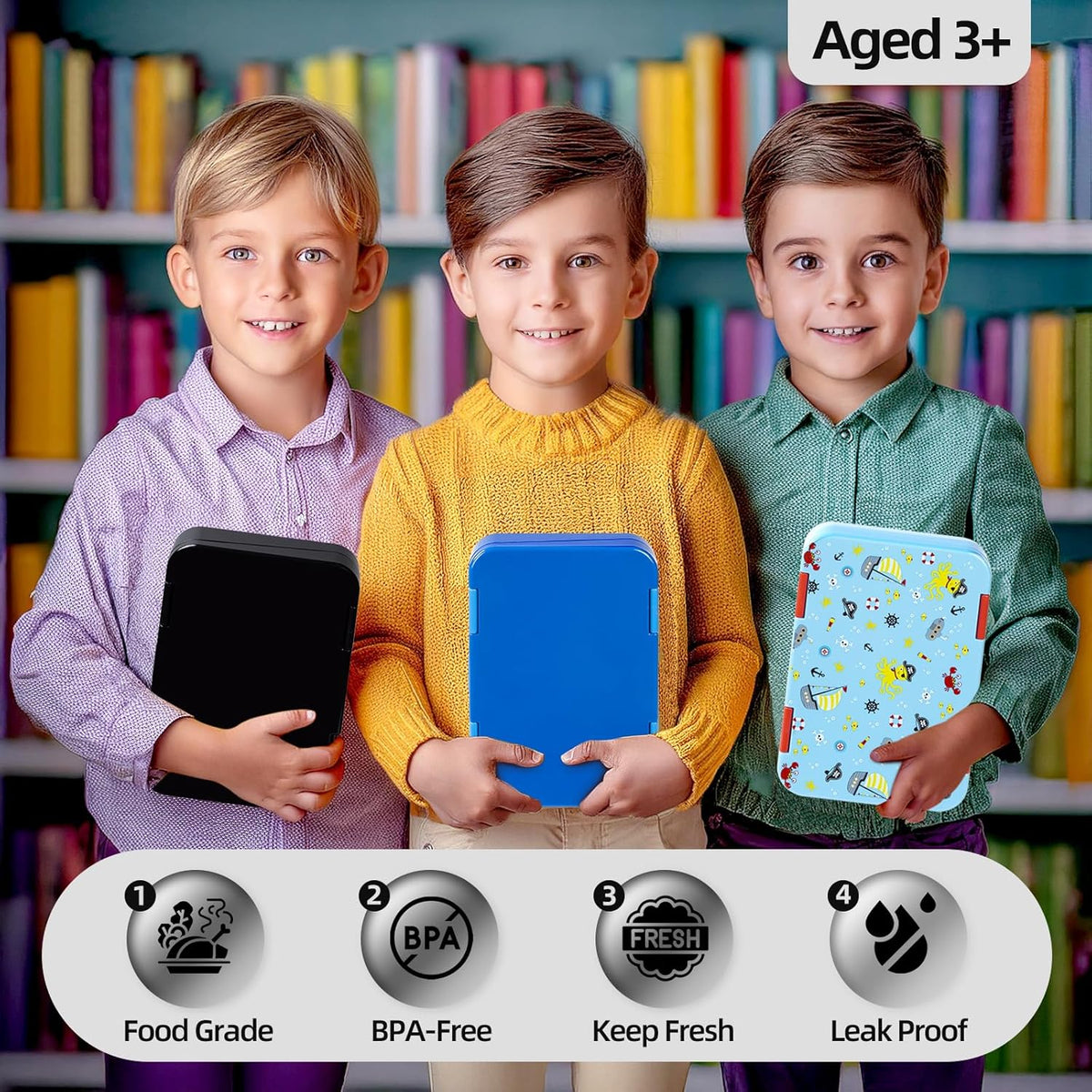 Bento Lunch Box for Kids, 6 Compartments BPA Free, Dishwasher Safe Back to School Snack Bento Lunch Containers Boxes, Ideal Portion Sizes for On-the-Go Meal, Ages 3+, School, Green Patterned