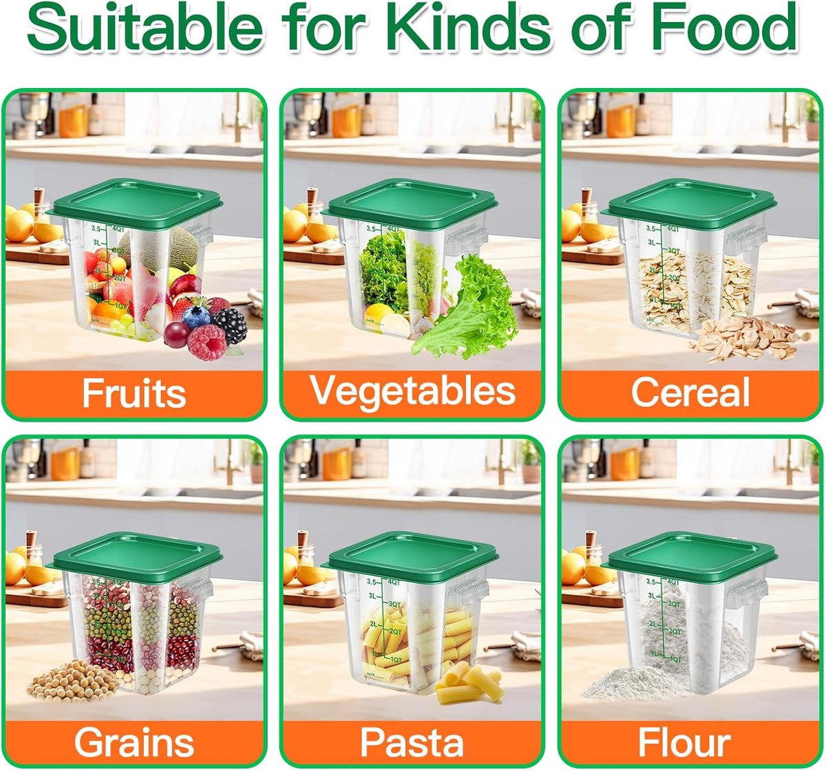 4 pcs 4qt Food Storage Containers with Lid, Square Clear Commercial Food Storage Containers with Handle and Scale for Food Storage in Home Kitchen & Dining (Green)