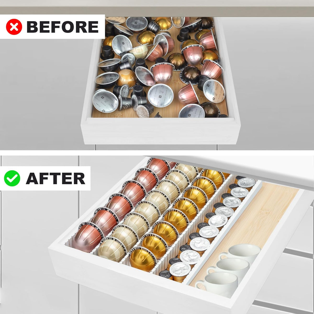 MinBoo Bamboo Coffee Pod Storage Holder Drawer Insert for Counter Compatible Nespresso Vertuo Vertuoline Capsules for Kitchen, Home, Office, Coffee Station