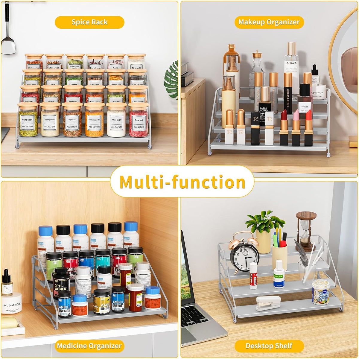 RCHYFEED Spice Rack Organizer for Cabinet Pantry,4 Tier Spice Rack Countertop, Depth Adjustable Spice Organization for Cabinet,Tierd Seasoning Organizer for Cabinet(Black) | for Cabinet Pantry